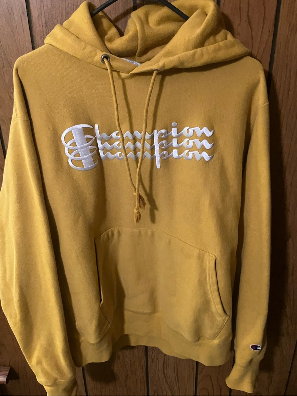 Men’s Champion Mustard Yellow Hooded Sweatshirt in size large